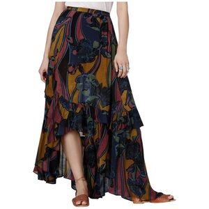 Free People Bring Back Summer Navy Mustard & Burgundy High-Low Floral Maxi Skirt